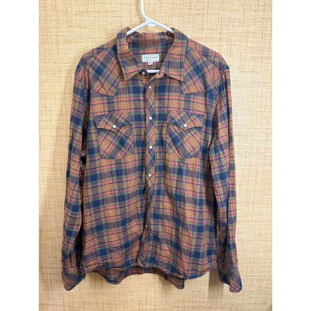 Tecovas Mens Pearl Snap Western Shirt XL Plaid Cotton Long Sleeve Brown Navy
